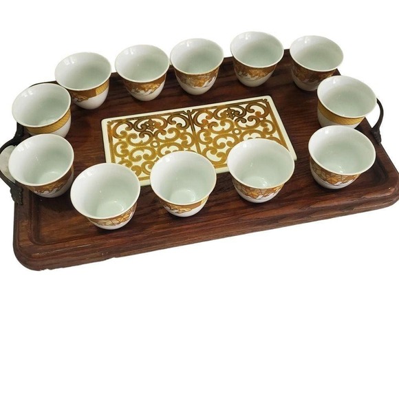 Vintage Georges Briard Tray and Coffee 12 Gold Cup Set